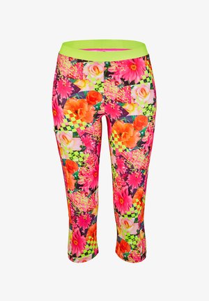 Capri leggings met een levendige bloemen- en geometrische afdruk in roze, oranje en neon groen, met een soepele, elastische tailleband.