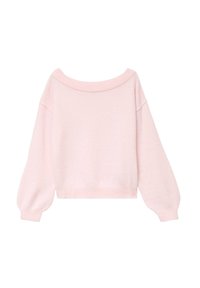 Pull court rose clair en tissu doux. Il possède un décolleté bardot et des manches longues légèrement bouffantes.
