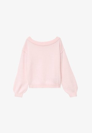 Suéter corto en color rosa claro, hecho de una tela suave. Presenta un escote off-the-shoulder y mangas largas, ligeramente abullonadas.