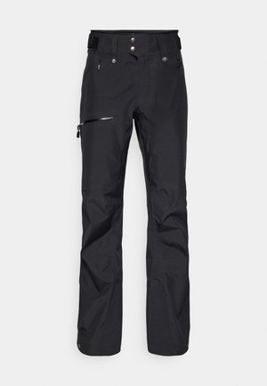 Black outdoor pants made of water-resistant material, featuring a zippered side pocket and adjustable waistband for a secure fit.