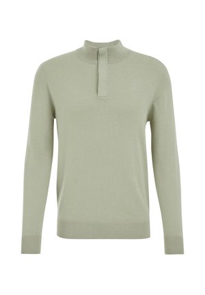 Maglione verde chiaro con colletto alto, apertura frontale, polsini e orlo a coste, realizzato in morbido tessuto testurizzato.