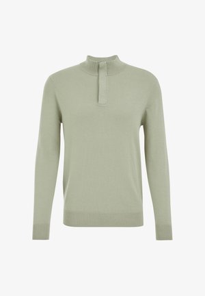 Lichtgroene pullover met hoge kraag, voorlijst, geribde mouwen en zoom, gemaakt van zachte textuurstof.