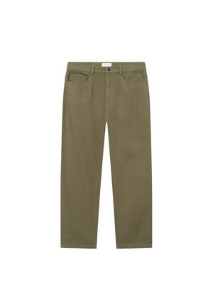 Ελιά πράσινο βαμβακερό παντελόνι με ίσια εφαρμογή, πέντε τσέπες, κλείσιμο με κουμπί και καθαρή ραφή. Διαθέτει λεία υφή και μίνιμαλ σχέδιο.
