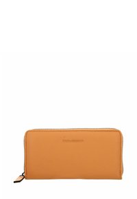 Portefeuille rectangulaire long en cuir orange texturé, avec une fermeture éclair et le nom de la marque embossé à l'avant. Détails de couture lisse.