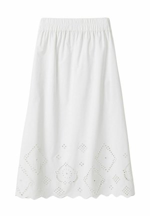 Hvid knælængde nederdel med elastisk taljebånd og dekorative øjle diamantmønstre langs den bølgede kant.