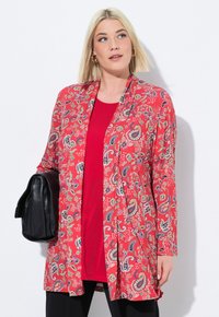 Punainen paisley-kuvioinen pitkä kardigan, jossa on verkkomainen suunnittelu, valmistettu kevyestä kankaasta. Yhdistetty yksiväriseen punaiseen yläosaan ja mustaan käsilaukkuun.