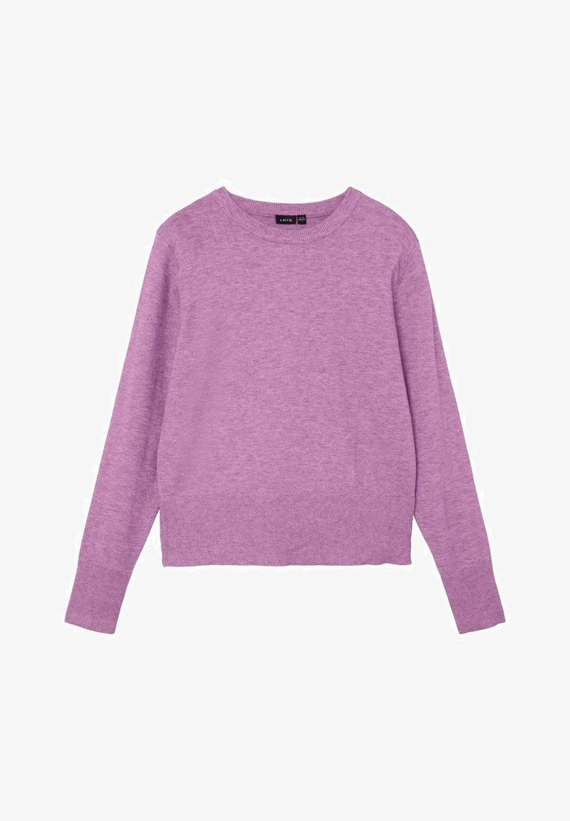 Pull lavande à manches longues avec col rond, poignets et bas côtes, confectionné en tissu tricoté doux.