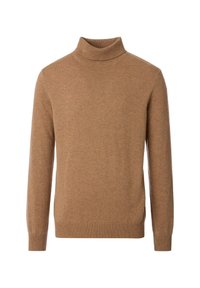 Kamelhautfarbener Rollkragenpullover aus weichem Strickstoff. Verfügt über lange Ärmel, gerippte Bündchen und einen leicht lässigen Schnitt mit seitlichen Schlitzen.