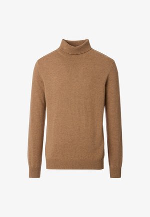 Camel turtleneck sweater made of soft knit fabric. Features long sleeves, ribbed cuffs, and a slightly relaxed fit with side slits.