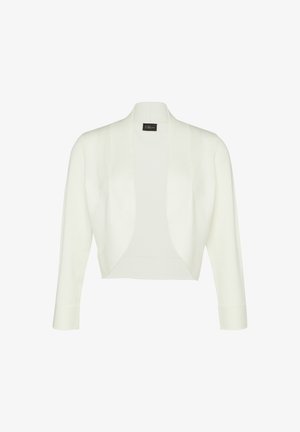 White cropped cardigan made from soft fabric. Features an open front, long sleeves, and a smooth texture, with no hardware or patterns.