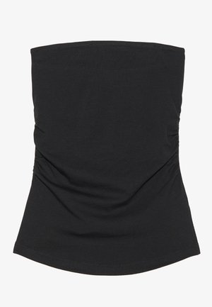Haut sans manches noir en tissu léger et lisse. Présente des détails froncés sur les côtés et une ourlet courbé. Convient pour un usage décontracté.