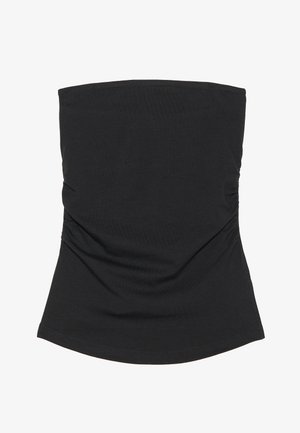 Sort stram topløs bluse lavet af let, glat stof. Har sammensamlede detaljer på siden og en buet kant. Velegnet til afslappet brug.