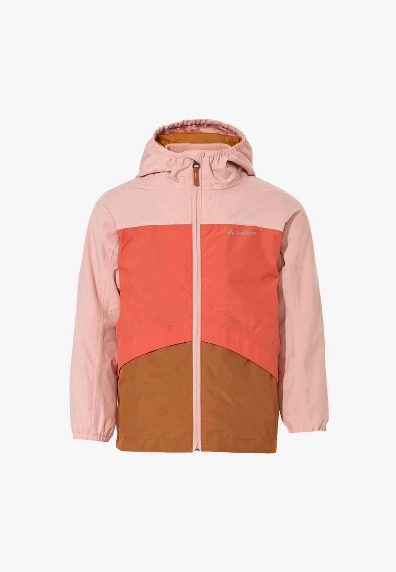 Veste colorée bloc rose et orange avec une capuche, des poignets élastiques, une fermeture éclair frontale et une partie inférieure marron. Arbore le logo de la marque sur la poitrine.