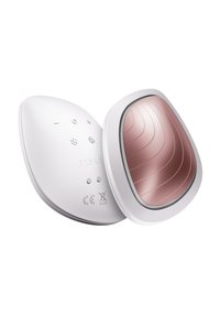 Witte handapparaat met een glad, rond ontwerp. Beschikt over een glanzend roségouden oppervlak met subtiele ribbels en touchbedieningsknoppen.