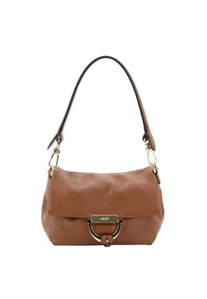 Braune Schultertasche aus strukturiertem Leder mit goldfarbenem Verschluss und Beschlägen, ausgestattet mit einem einzelnen Riemen und einer gefalteten oberen Klappe.