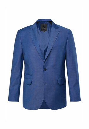 Herren-Sakko in Blau, einreihig, mit Kerbkragen, zwei vorderen Pattentaschen, Brusttasche und Ein-Knopf-Verschluss.