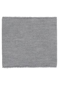 Knit gray blanket with a thick, textured pattern. Rectangular shape, bound edges. Soft material, designed for warmth and comfort.