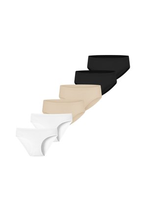 Seks sømløse dameunderbukser i hvid, beige og sort, arrangeret i en diagonal række på en hvid baggrund.