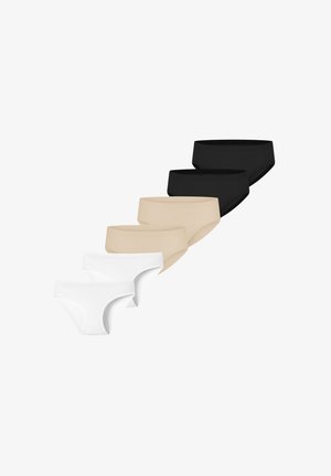 Six slips sans couture pour femmes en blanc, beige et noir, disposés en diagonale sur un fond blanc.