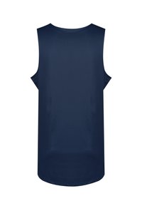 Top senza maniche di colore blu navy realizzato in un tessuto liscio e leggero. Presenta un collo rotondo e una vestibilità rilassata. Design semplice senza fantasie.