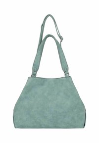 Sac à main en suédine verte avec deux anses, de forme structurée et texture lisse. Présente des coutures minimales et un fond plat.