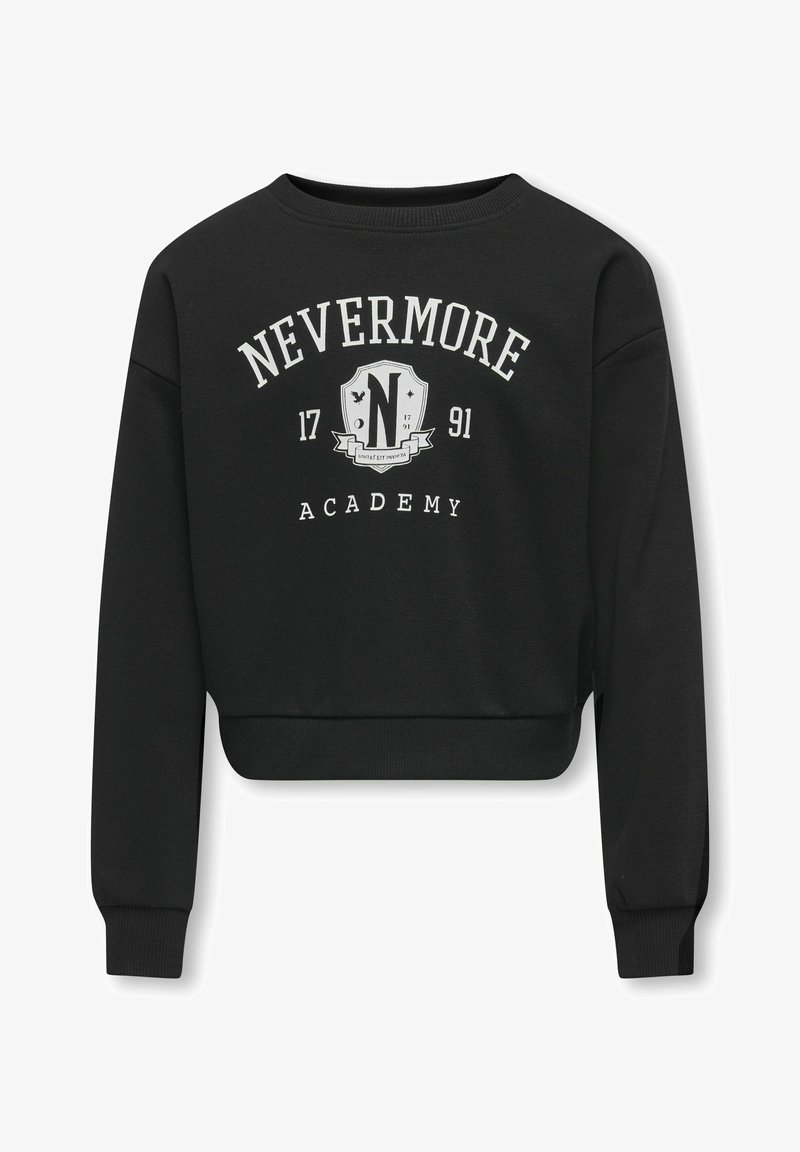 Zwarte cropped sweatshirt met witte tekst "NEVERMORE ACADEMY" en een schildembleem met de letter "N" en de jaartallen 1791. Aansluitende mouwen.
