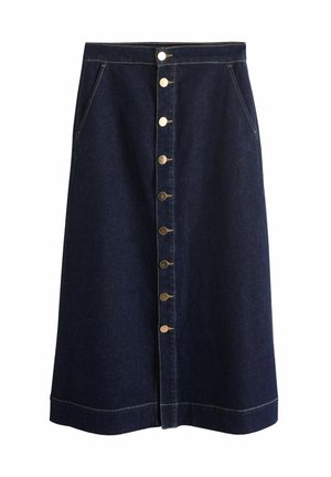 Dunkelblauer Jeans-Midirock mit einer vertikalen Reihe aus Metallknöpfen vorne und seitlichen Taschen, mit kontrastierenden Nähten entlang der Nähte.