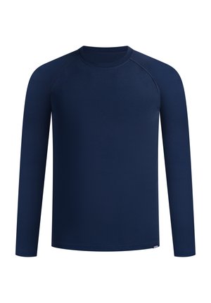 Chemise à manches longues bleu marine en tissu lisse avec un col rond et des manches raglan, présentant un design unicolore sans embellissement.