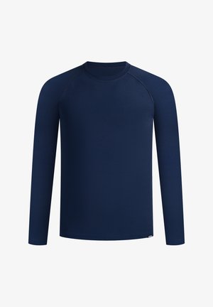 Marineblå langærmet skjorte lavet af glat stof med rund hals og raglanærmer, der har et enkelt, ensfarvet design.