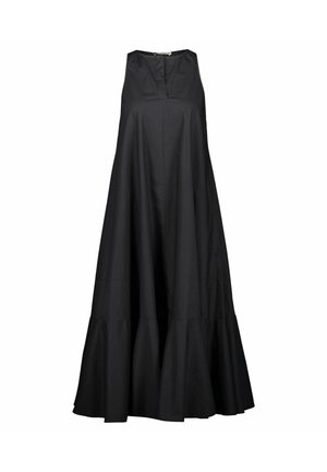 Czarna, bezrękawnikowa sukienka midi z rozkloszowanym dołem i subtelnym rozcięciem na dekolcie, o luźnym, zwiewnym kroju.