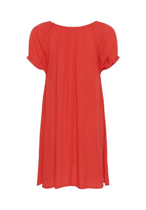 Rochie coral lejeră, cu mâneci scurte, gât adunat și detalii mici cu nasturi pe manșetele mânecilor.