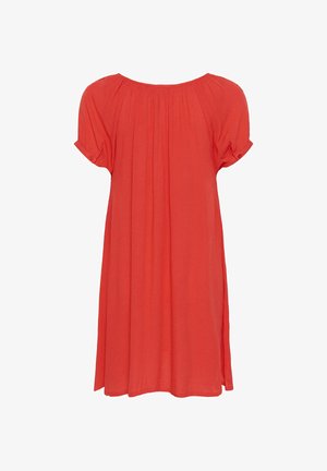 Robe corail à manches courtes et coupe ample, avec un col froncé et de petits boutons décoratifs sur les manches retroussées.