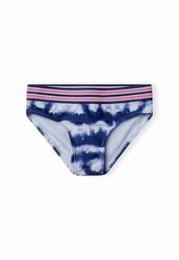 Caleçons de bain bleu marine avec un motif tie-dye et des nuages blancs. La taille comprend un élastique à rayures roses et bleu marine. Texture lisse.