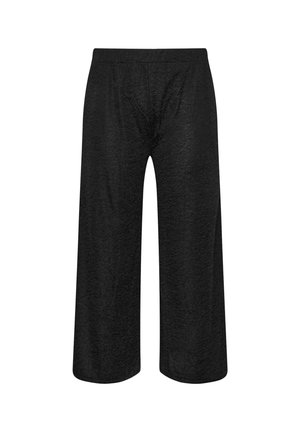 Black wide-leg trousers made of textured fabric with an elastic waistband, featuring a loose fit and no visible fasteners or pockets.