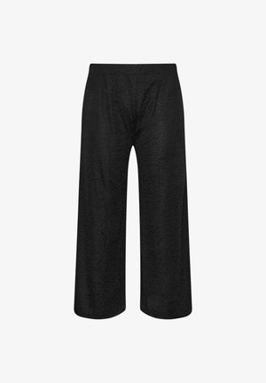 Mustat leveälahkeiset housut, jotka on valmistettu teksturoidusta kankaasta. Niissä on joustava vyötärö, löysä istuvuus ja ei näkyviä kiinnityksiä tai taskuja.