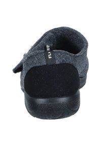 Gray felt slipper with a black rubber sole. Features a flap closure and loop for easy wear. Smooth texture with a soft upper.