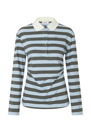 Polo majica dugih rukava s izmjeničnim tamnozelenim i svijetloplavim horizontalnim prugama, bijelim ovratnikom i tri gumba.