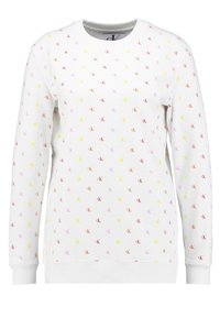 Felpa a maniche lunghe bianca con scollo rotondo, caratterizzata da piccoli loghi di Calvin Klein "cK" rossi, arancioni, gialli e rosa su tutta la superficie.