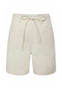 Beige Baumwollshorts mit elastischem Bund und verstellbarem Kordelzug, mit Fronttaschen und einer glatten Textur.