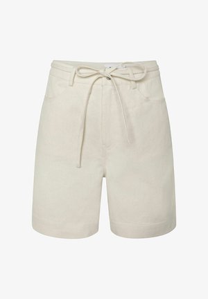 Beige kokvilnas šorti ar elastīgu jostasvietu un regulējamu saiti, iekļaujot priekšējos kabatas un gludu tekstūru.