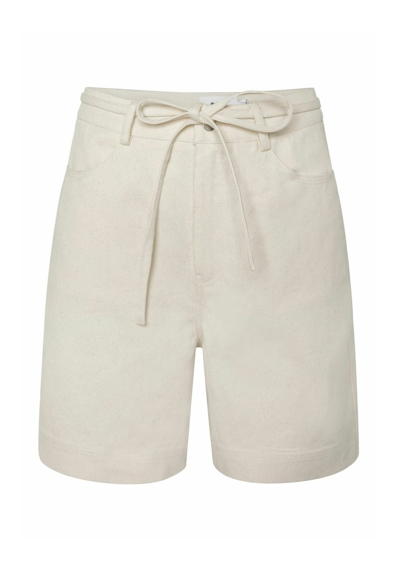 Beige Baumwollshorts mit elastischem Bund und verstellbarem Kordelzug, mit Fronttaschen und einer glatten Textur.