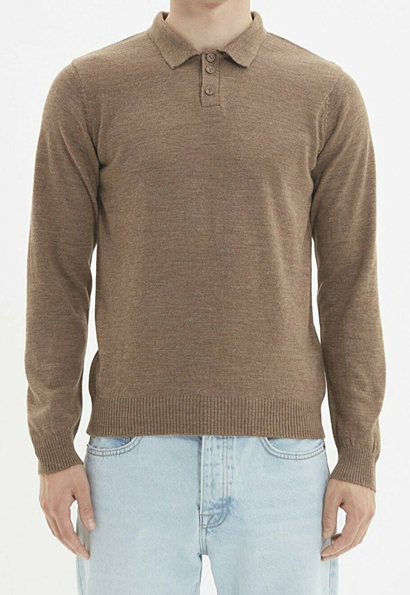 Pull polo marron à manches longues avec col, patte à trois boutons, poignets et ourlet côtelés, fabriqué en matériau doux et texturé.