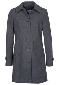 Cappotto grigio in lana con un design strutturato, chiusura con bottoni e due tasche anteriori. Presenta un colletto e dei dettagli sui polsini per un tocco in più.
