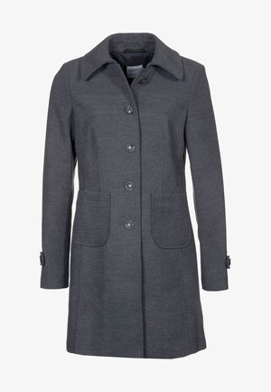 Szary wełniany płaszcz o strukturalnym designie, z zapięciem na guziki i dwiema przednimi kieszeniami. Posiada kołnierz oraz akcenty na mankietach dla dodatkowego wykończenia.