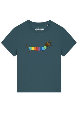 Dark teal short-sleeve t-shirt with a colorful striped dachshund holding a yellow flower in its mouth printed on the front.