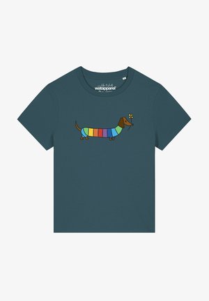 Dark teal short-sleeve t-shirt with a colorful striped dachshund holding a yellow flower in its mouth printed on the front.