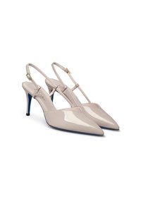 Décolleté in pelle verniciata beige con punta affusolata, cinturini sottili alla caviglia e tacco blu di 3 pollici. Texture liscia con dettagli minimi.