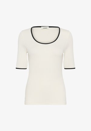 Balta trumpomis rankovėmis palaidinė su apvaliu iškirpimu, puošta juoda apvadu palei iškirptę ir rankoves, pagaminta iš lygaus, tampraus audinio.