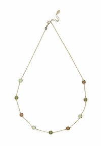 Gul kædeder, der har jævnt fordelte runde sten i grøn, lys grøn og brun. Justerbar lås med en lille forlængerkæde.