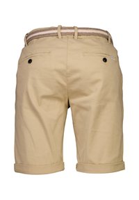 Beige men's knee-length shorts with rolled cuffs, back buttoned pockets, and a woven belt threaded through loops.